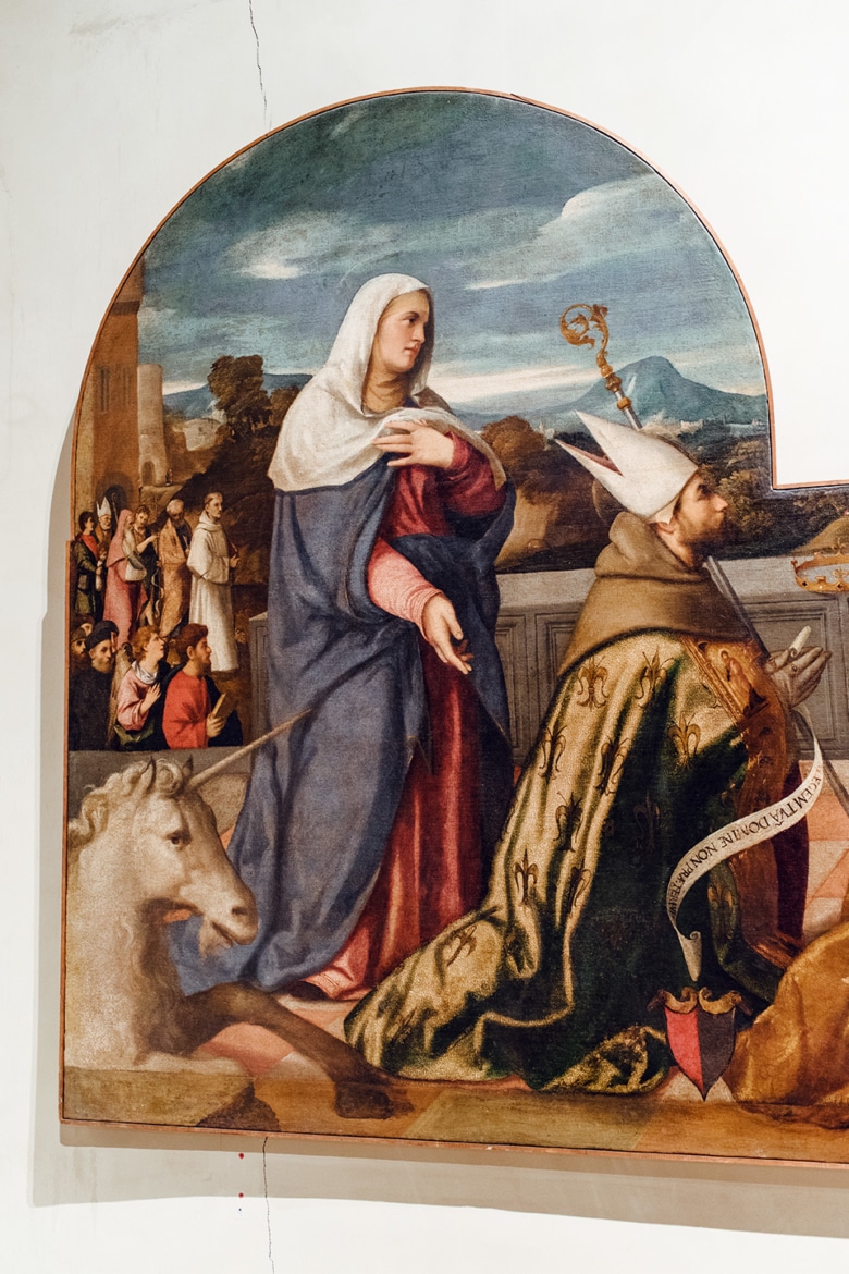 Peinture chrétienne classique, représentant un homme d'église, une femme voilée, et une licorne – Venise, Galeries de l'Académie